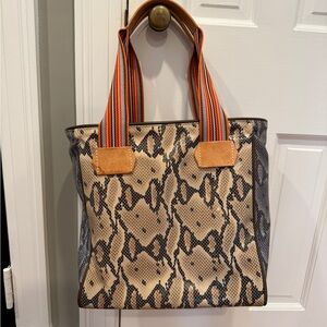 Consuela Margot Classic Tote - Snake Print Tote Bag with Orange Striped Straps